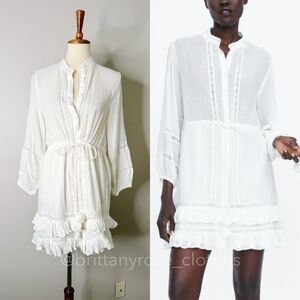ZARA White Gauze Mini Dress with Frills Blogger Favorite